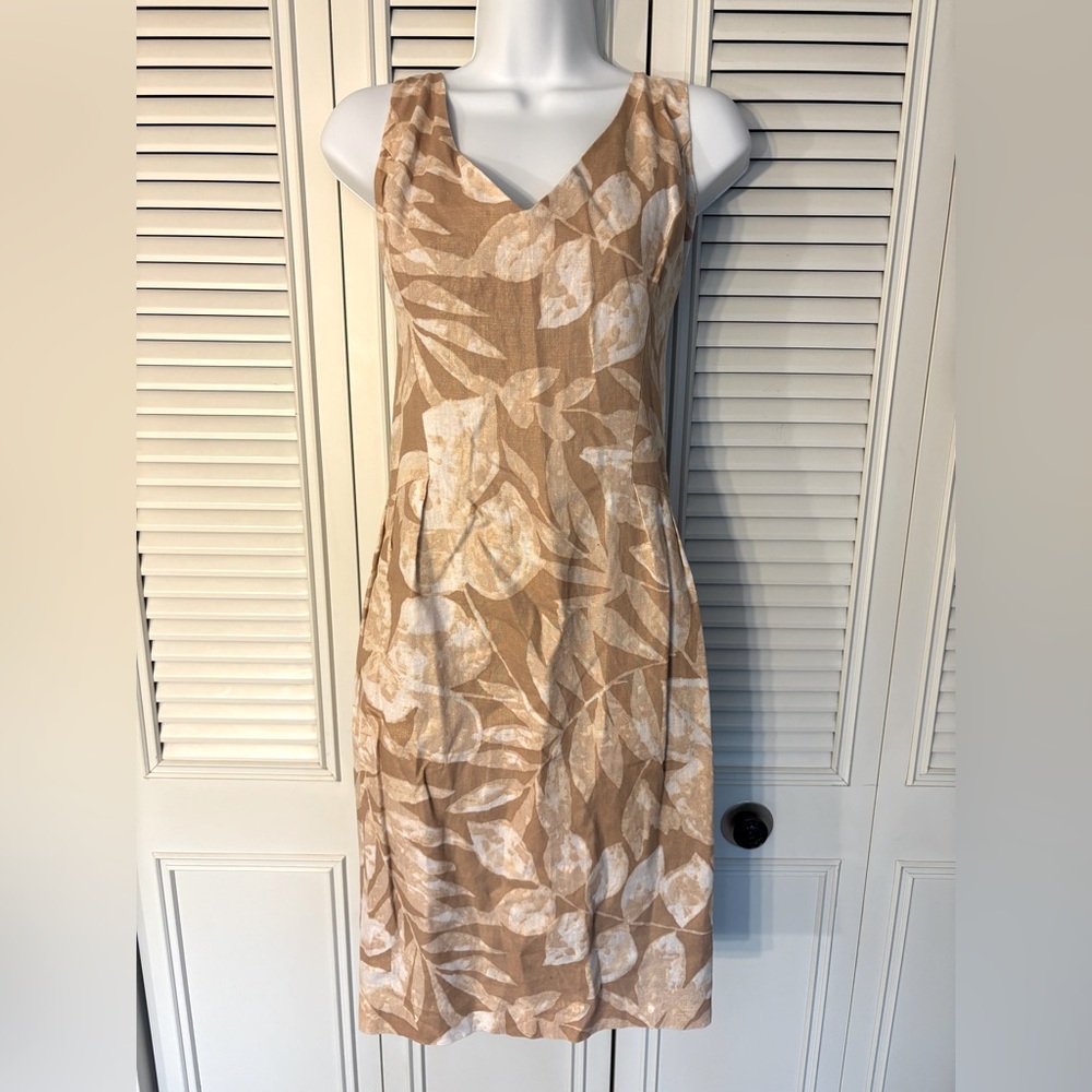Lauren Ralph Lauren 100% Linen V Neck Midi Dress, Metallic Leaf Print Pockets